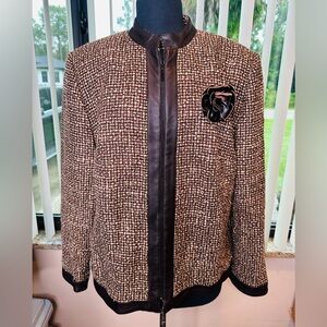 Kate Hill Brown Beige Wool Blend Tweed Cardigan/Jacket Floral Pin Size 16